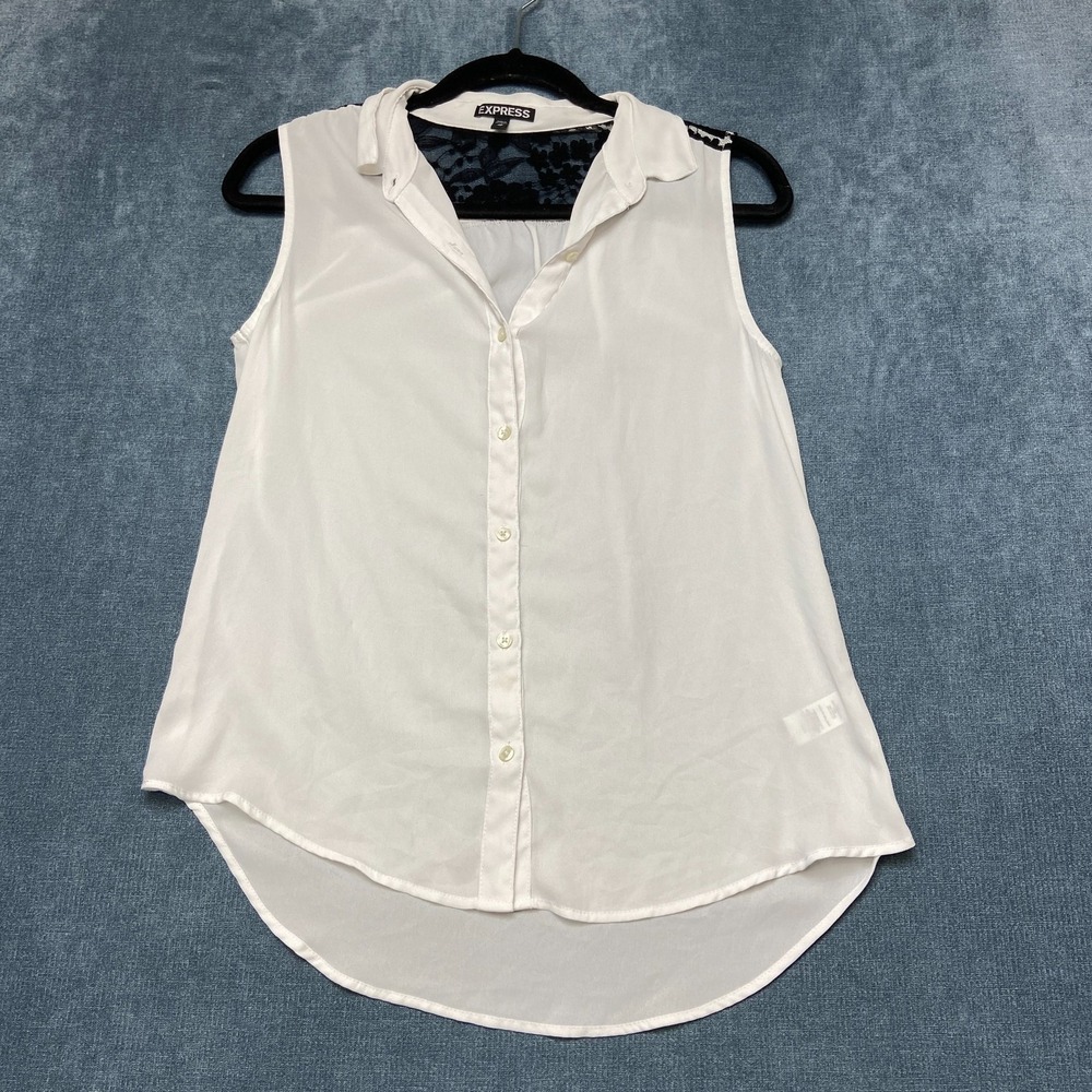 Express Blouse Top Womens XS White Sleeveless Button Front Lace Back Hi Low Hem